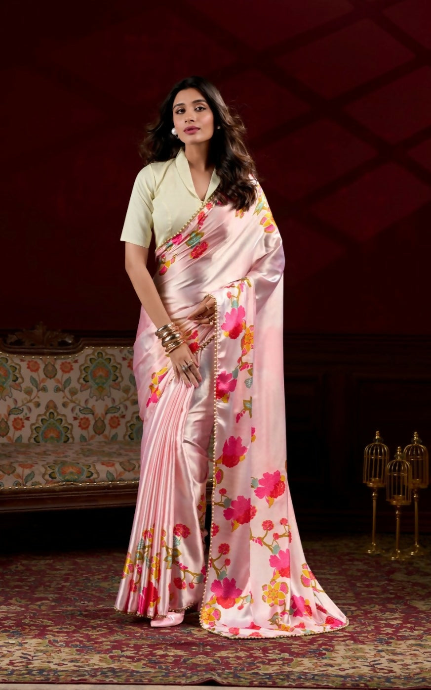 Vastranavya Peach Satin Silk Floral Printed with Pearl Lace Saree with Unstitched Blouse - Distacart