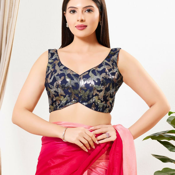 Joban Fashion Navy Blue Silk Padded Blouse With Sweetheart Neck Sleeveless - Distacart