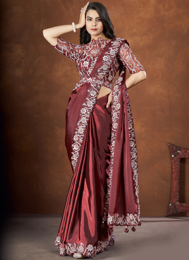 Dark Brown Crepe Satin Silk Embroidered Saree with stitched Blouse - Mohmanthan Saha Saki - Distacart