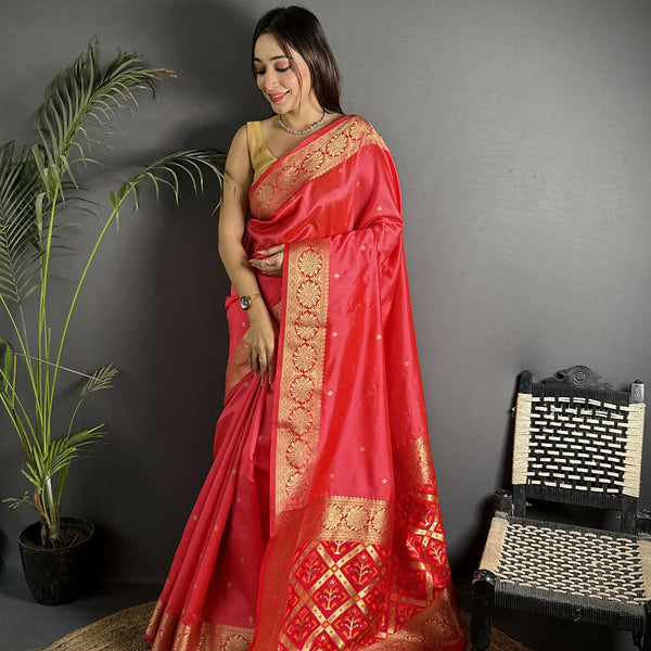 Joban Fashion Red Banarasi Cotton Silk Woven Saree