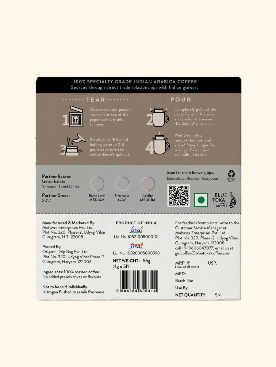 Blue Tokai Gowri Estate Medium Roast Easy Pour Sachets - Distacart