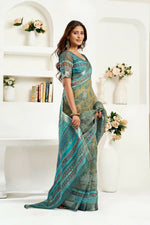 Thumbnail for Joban Fashion Petrol Ethinic Motifs Linen Ready To Wear Saree With Unstitched Blouse - Distacart