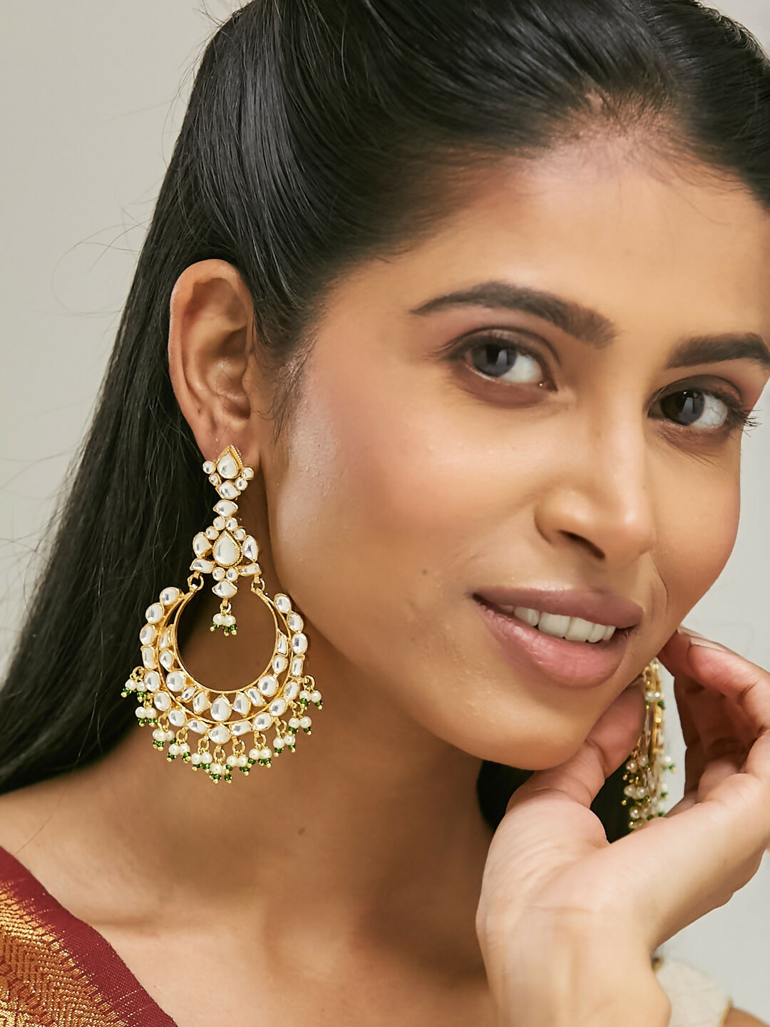 Nuyug 22K Gold-Plated Elegant Kundan Studded & Beaded Floral Chandbali Earrings