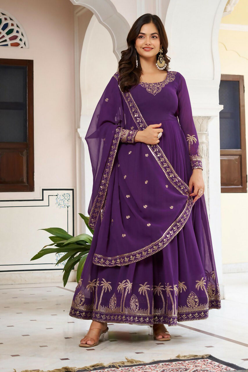 The52 Women's Gorgeous Faux Georgette Fabric Embroidery Work Flared Anarkali Pant and Dupatta Set - Distacart
