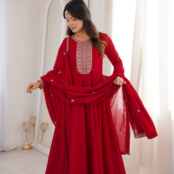 Teeya Creation Maroon Color Vichitra Silk Embroidery Work Party Wear Long Gown - Distacart