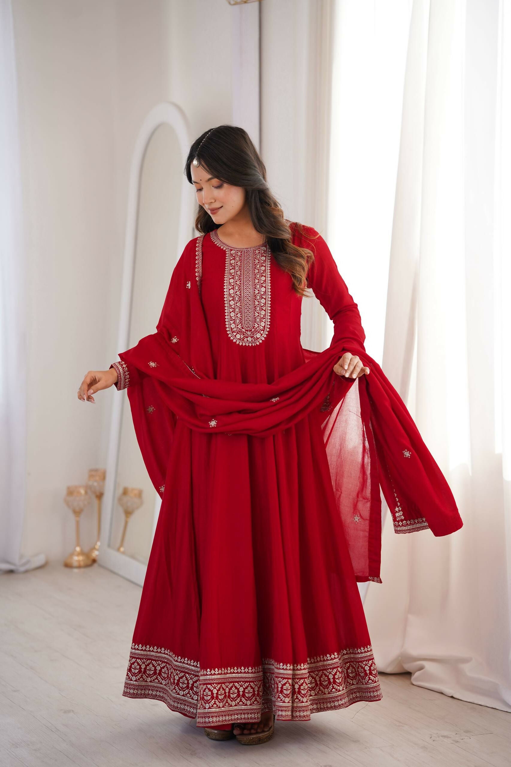 Teeya Creation Maroon Color Vichitra Silk Embroidery Work Party Wear Long Gown - Distacart