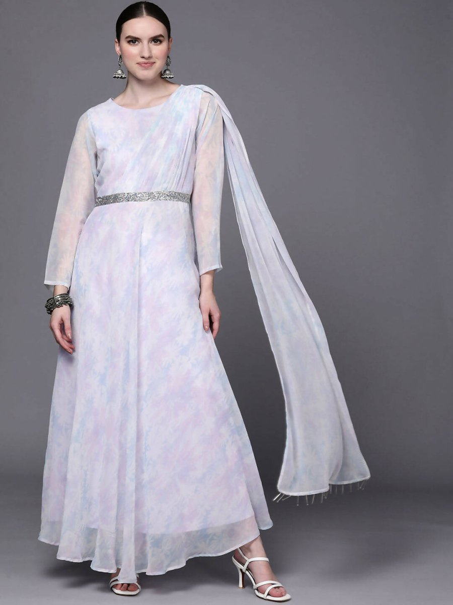 Ahalyaa Women Blue & White Floral Fit & Flare Maxi Ethnic Dress - Distacart