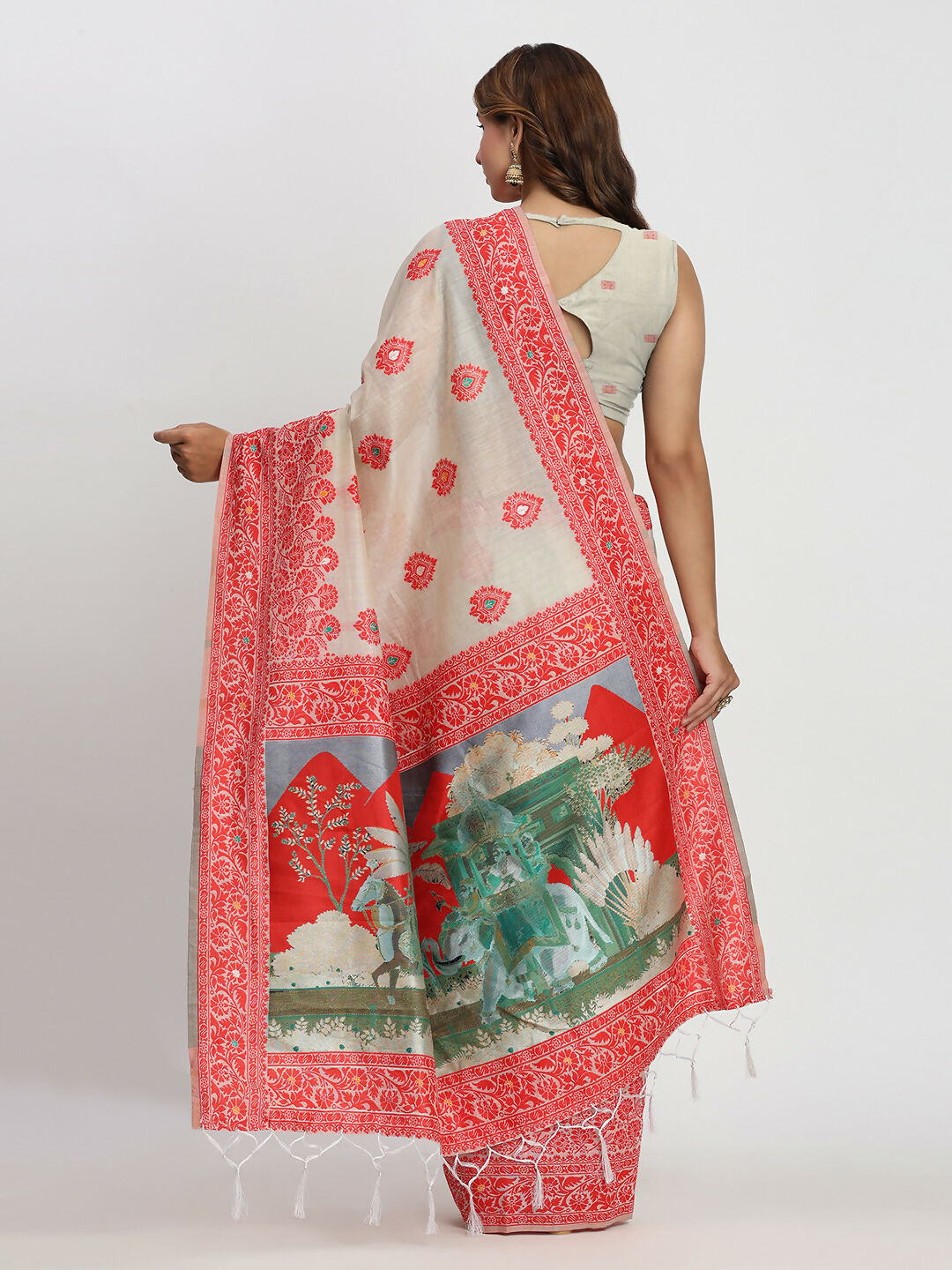 Astita Linen Cotton Cream & Red Saree