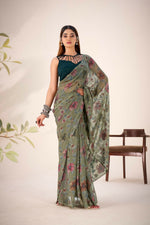 Thumbnail for Vastranavya Mehendi Lurex Brasso Floral Printed Saree with Unstitched Blouse - Distacart