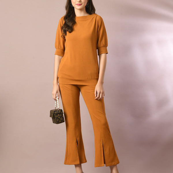 Myshka Women's Mustard Solid Boat Neck Party Top - Distacart