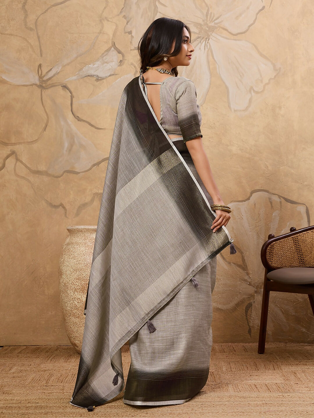 Astita Charcoal Grey Linen Saree
