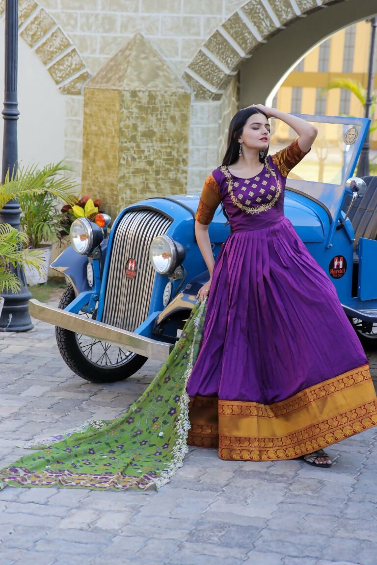 Aastha Fashion Women's Purple Silk Jacquard Woven with Embroidery Anarkali Dress with Dupatta - Distacart