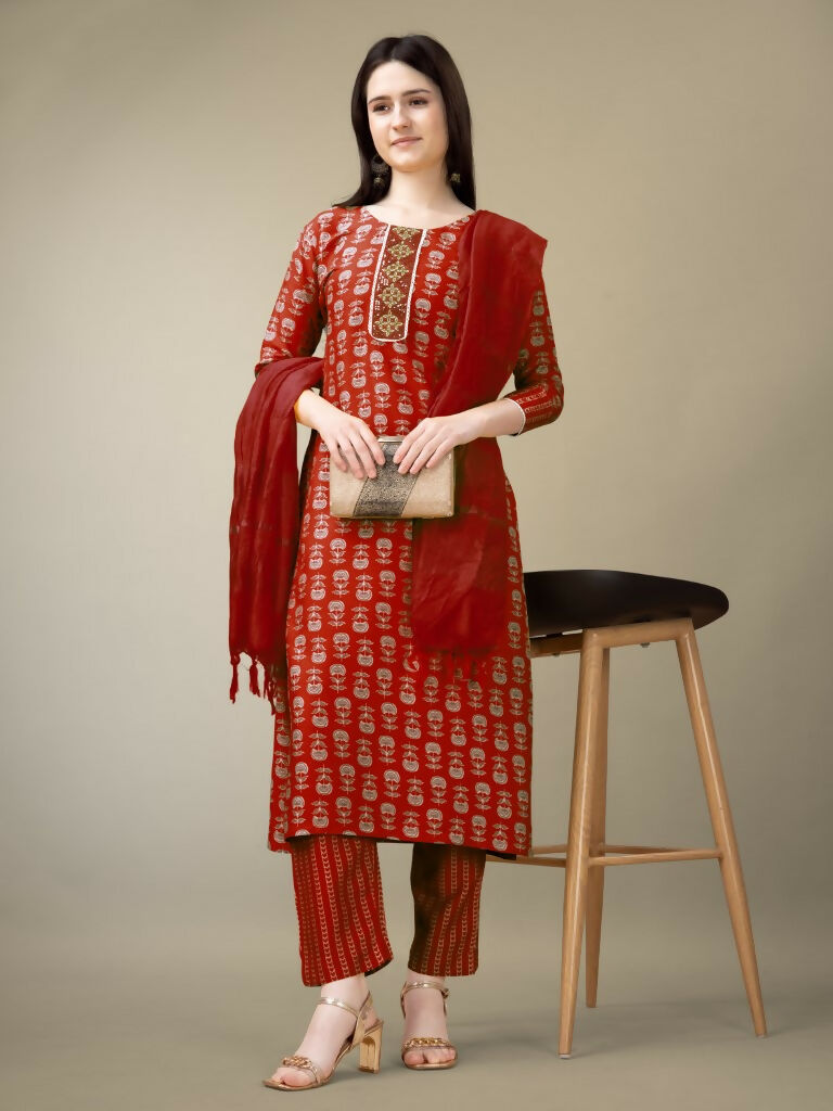 Jyoti Fashion Women's Maroon Rayon Embroidery & Sequence work Kurta with Trouser & Dupatta - Distacart