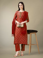 Thumbnail for Jyoti Fashion Women's Maroon Rayon Embroidery & Sequence work Kurta with Trouser & Dupatta - Distacart