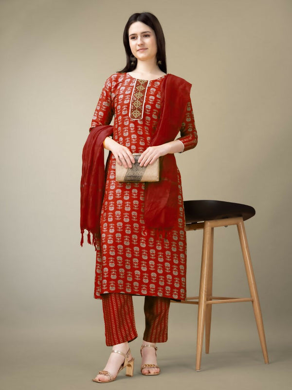 Jyoti Fashion Women's Maroon Rayon Embroidery & Sequence work Kurta with Trouser & Dupatta - Distacart