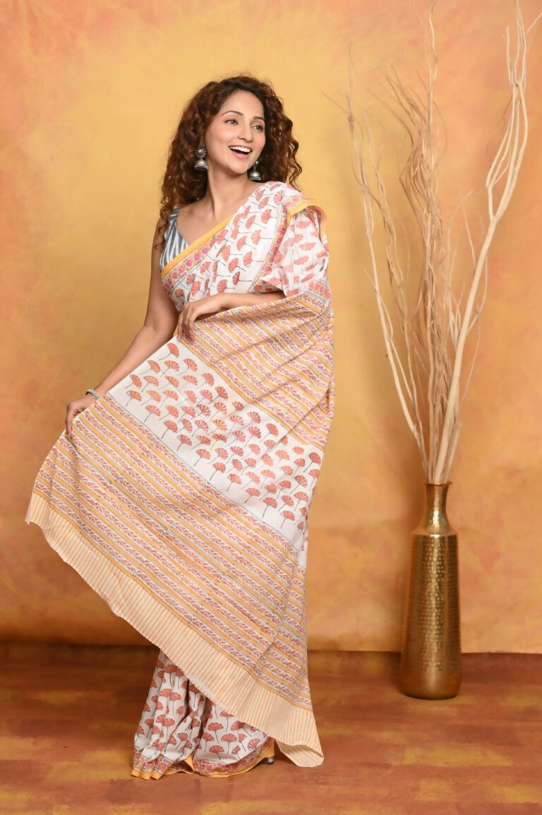 Very Much Indian Handblock Printed Cotton Saree With Natural Dyes - White Peach - Distacart