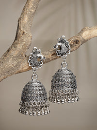 Thumbnail for NVR Women's Silver-Toned Peacock Design German Silver Oxidised Dome Shaped Jhumka Earrings - Distacart