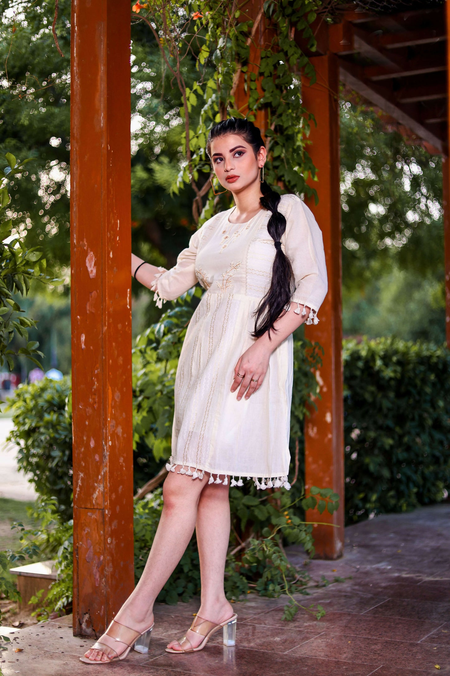 Aayaa Designer Multi Thread Hand Work Khadi Cotton One Piece Dress - Off White - Distacart
