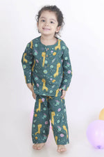 Thumbnail for Breathables Green Giraffe Print Cotton Nightsuit Set For Kids - Dista
