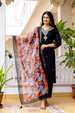 Thumbnail for The52 Black Women's Beautiful Viscose Chanderi Fabric Embroidered Work Straight Kurta Pant and Dupatta Set - Distacart