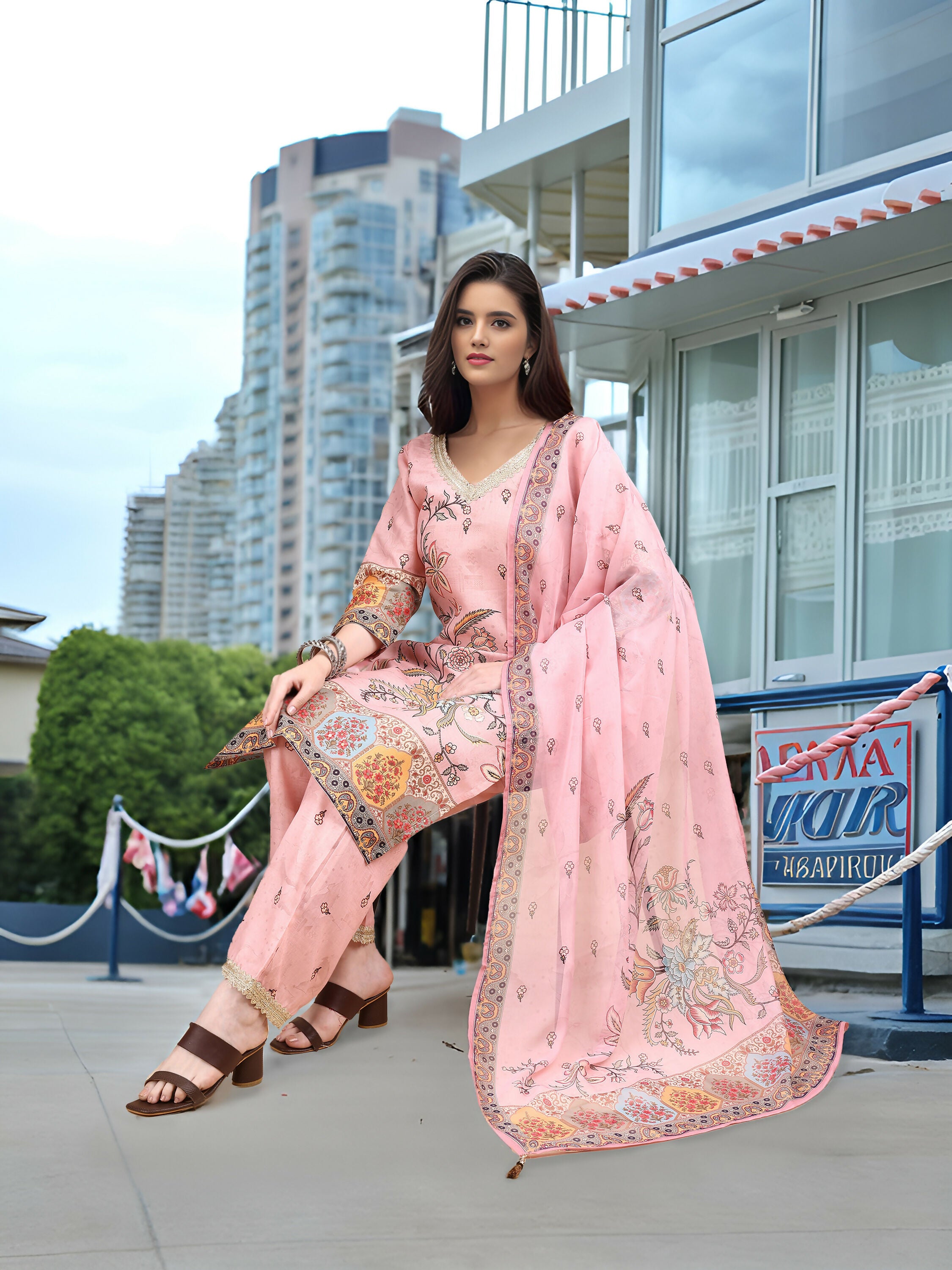 Joban Fashion Pink Position Digital Print With Position Foil Kurta Set