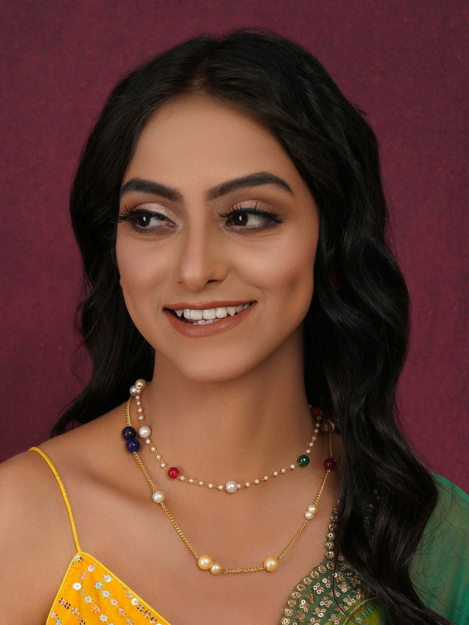 Layered Pearl and Gold Neckpiece with Multi Stones (Multi Color) - Ruby Raang - Distacart