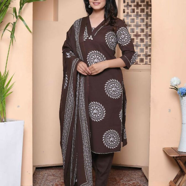 Miravan Womens Animal Print Cotton Brown Stitched Kurta Palazzo With Dupatta Set - Distacart