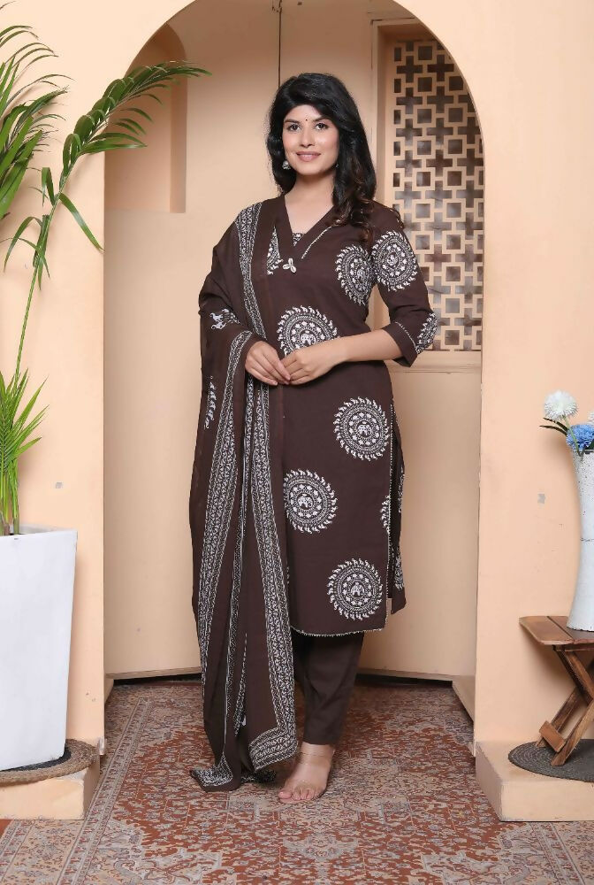 Miravan Womens Animal Print Cotton Brown Stitched Kurta Palazzo With Dupatta Set