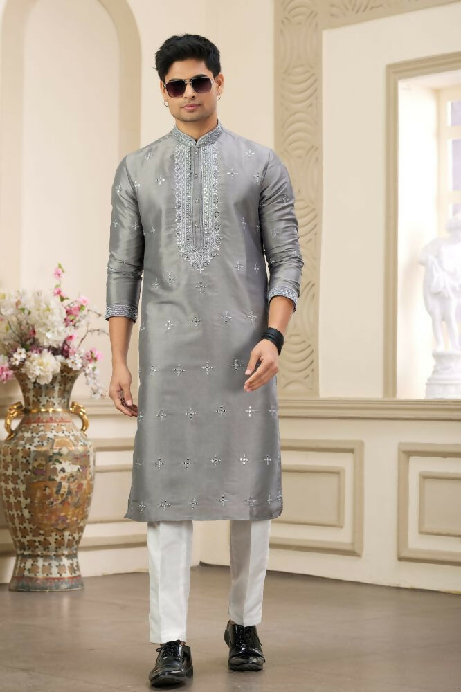 Raivat Ethnic Banarasi Art Silk Thread and Mirror Work Kurta Pajama In Grey Colour - Distacart