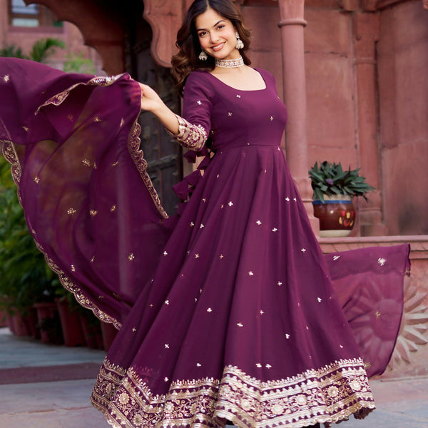 The52 Women's Beautiful Faux Georgette Fabric Embroidery Work Flared Anarkali Pant and Dupatta Set - Distacart
