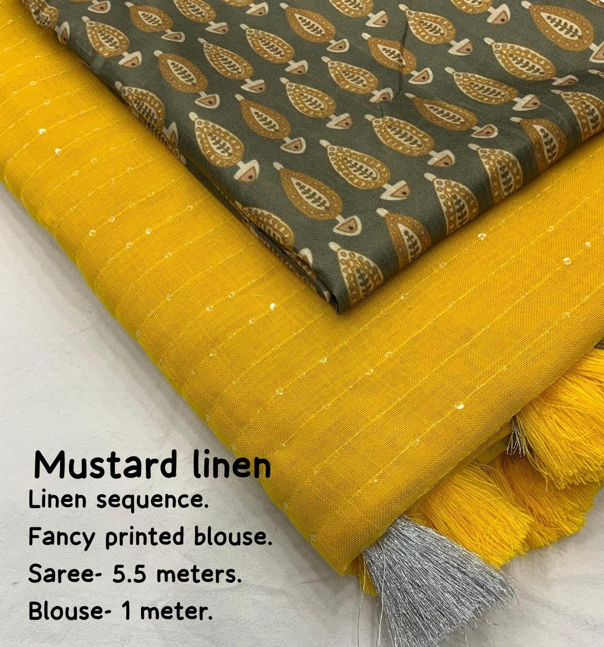 Mustard Linen Sequence Saree with Unstitched Blouse - Hiral Fashion - Distacart