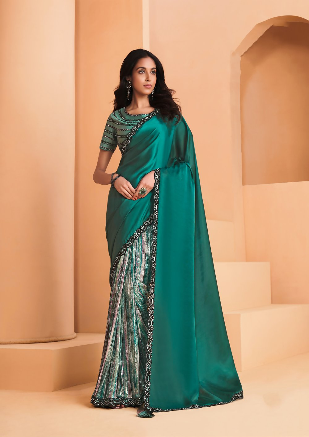 Sea Green Satin Crepe Silk Embroidery with Digital Sequence Work Saree - Norita Helly - Distacart
