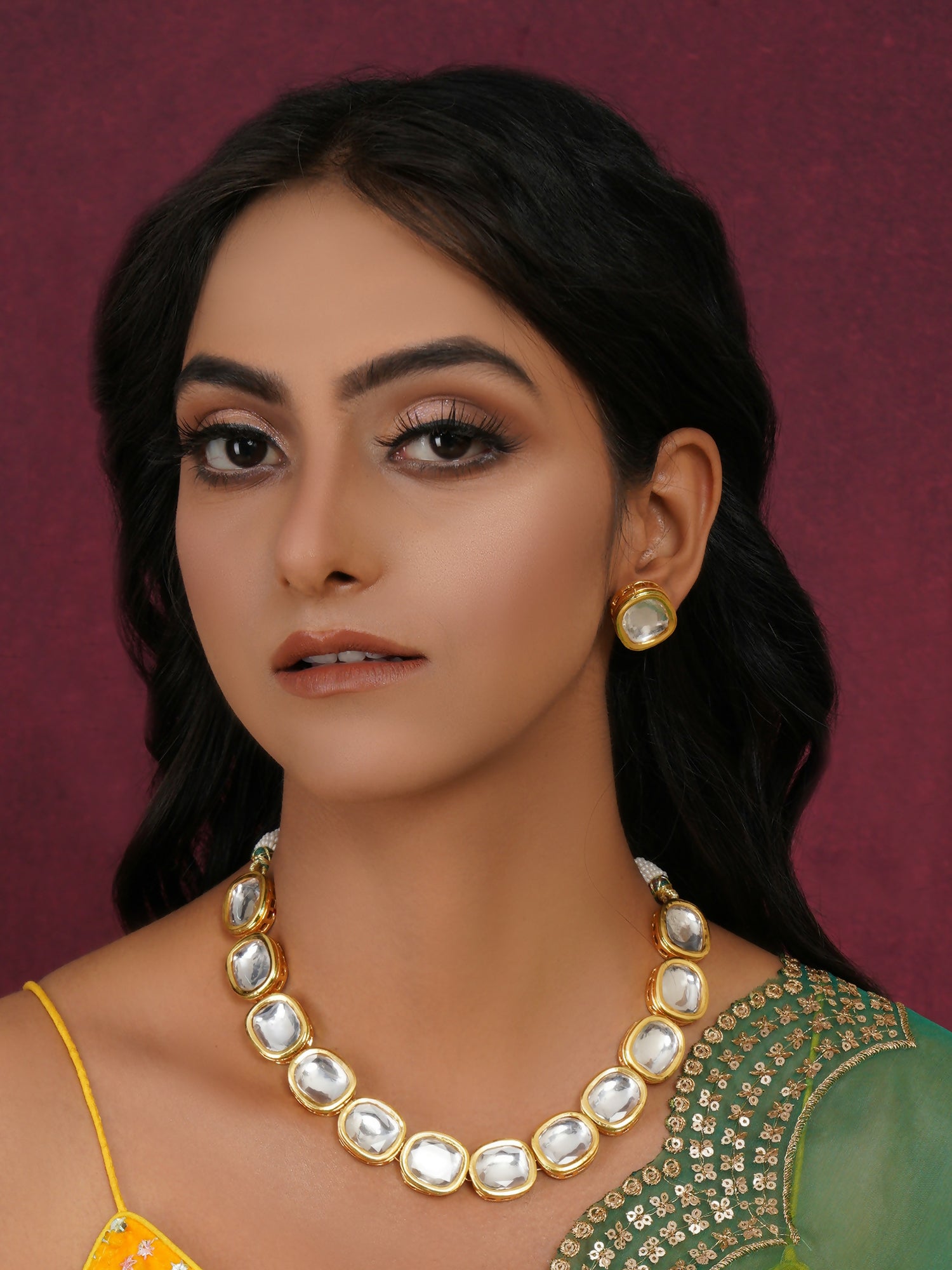 Kundan Choker with Studs Jewellery Set (Gold) - Ruby Raang - Distacart
