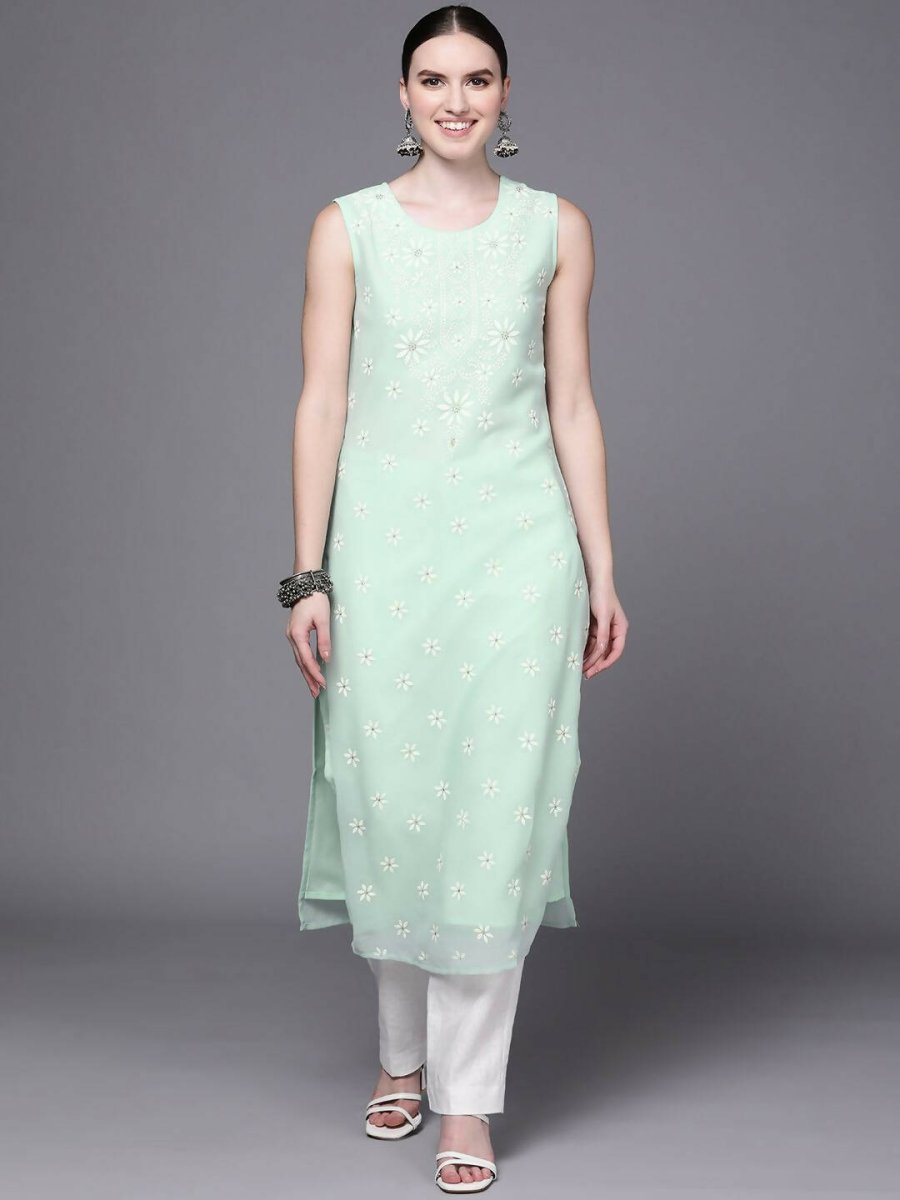 Ahalyaa Women Sea Green Floral Printed Georgette Kurta - Distacart