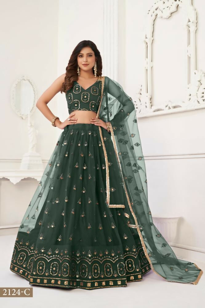 Aastha Fashion Dark Green Butterfly Net Tone To Tone Thread Work And Sandwich Sequence Work Embroidery Wedding Wear Lehenga Choli - Distacart