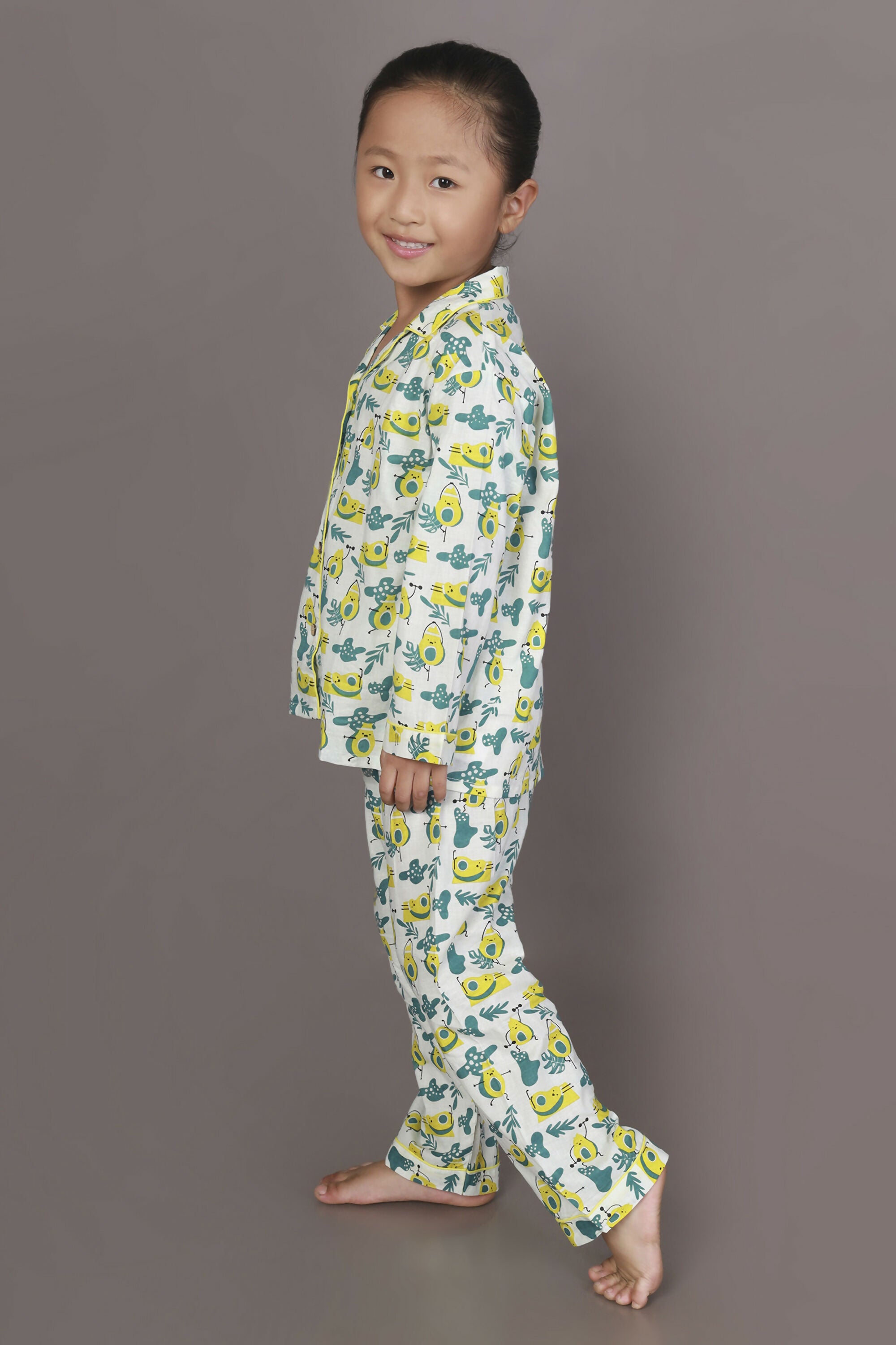 Breathables Kids Cotton Night Suit – White Avocado Print Shirt & Pyjama Co-Ord Set For Boys & Girls - Dista