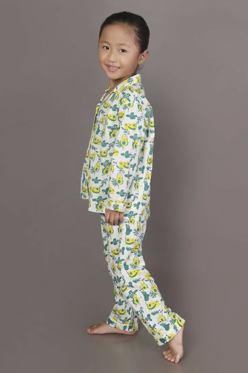 Breathables Kids Cotton Night Suit – White Avocado Print Shirt & Pyjama Co-Ord Set For Boys & Girls - Dista