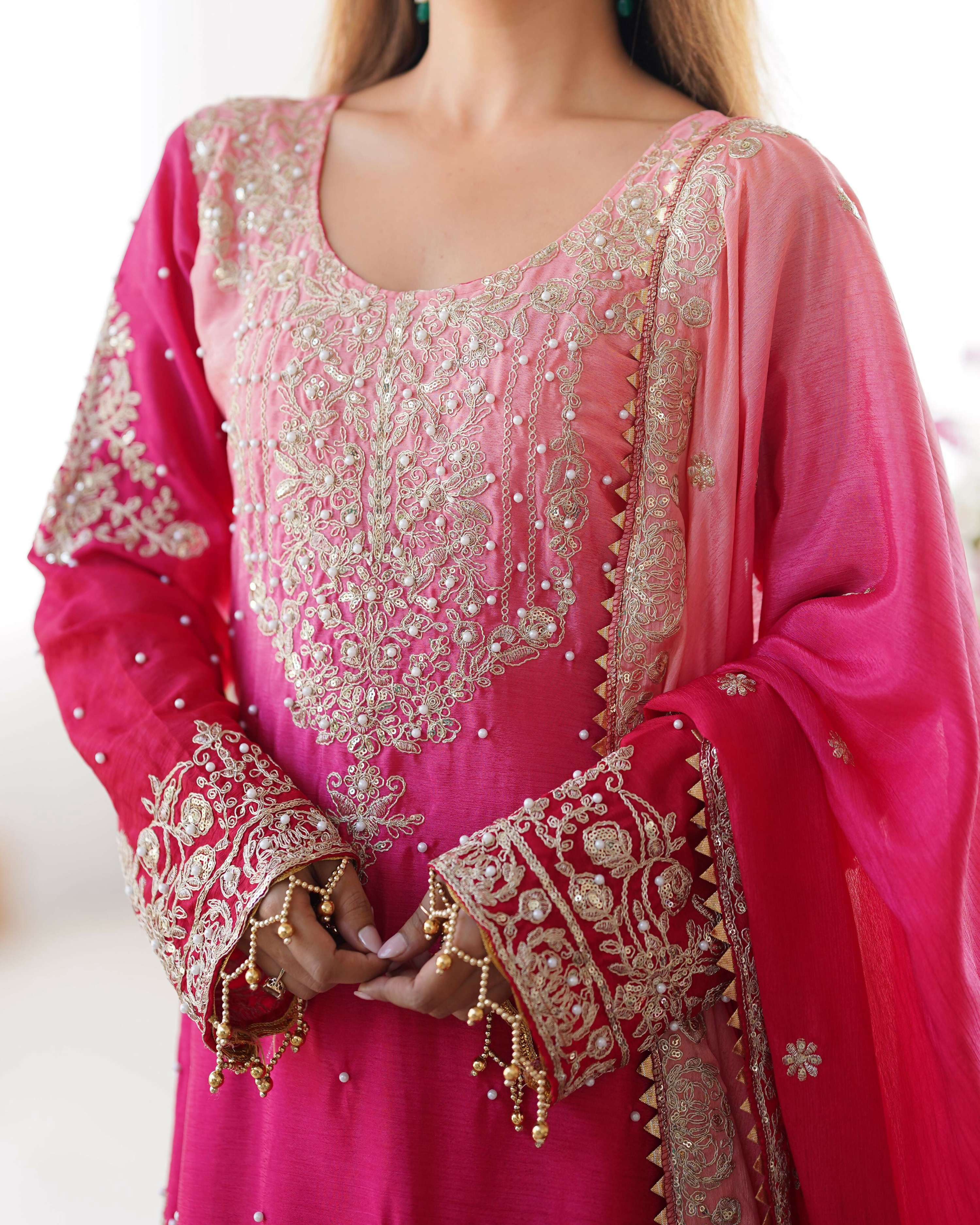 Joban Fashion Pink Palazzo Chinon silk Coding Dori with Sequence with Rivet Moti