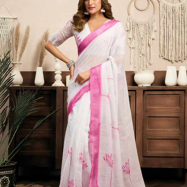 Vastranavya White Digital Printed Linen Ready To Wear Designer Saree with Unstitched Blouse - Distacart