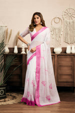 Thumbnail for Vastranavya White Digital Printed Linen Ready To Wear Designer Saree with Unstitched Blouse - Distacart