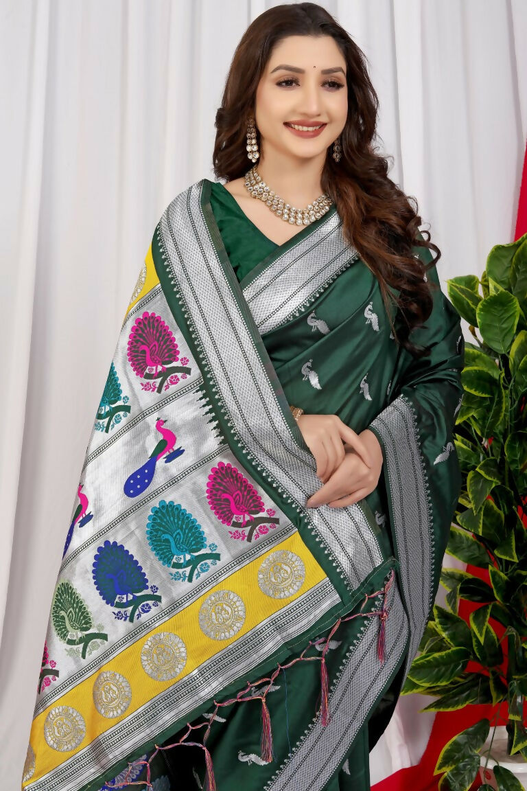 Jyoti Fashion Women's Bottle Green Paithani Silk Zari Woven Saree with Blouse - Distacart