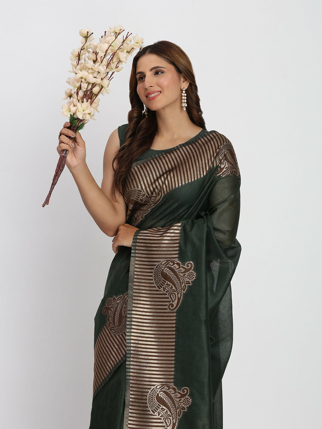 Astita Linen Cotton Dark Green Saree