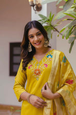 Thumbnail for The52 Yellow Women's Gorgeous Embroidered work Viscose Gadhwal Fabric Straight Kurta, Pant and Dupatta Set - Distacart