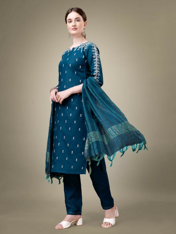 Jyoti Fashion Women's Morpich Cotton Blend Embroidery & Sequence work Kurta with Trouser & Dupatta - Distacart