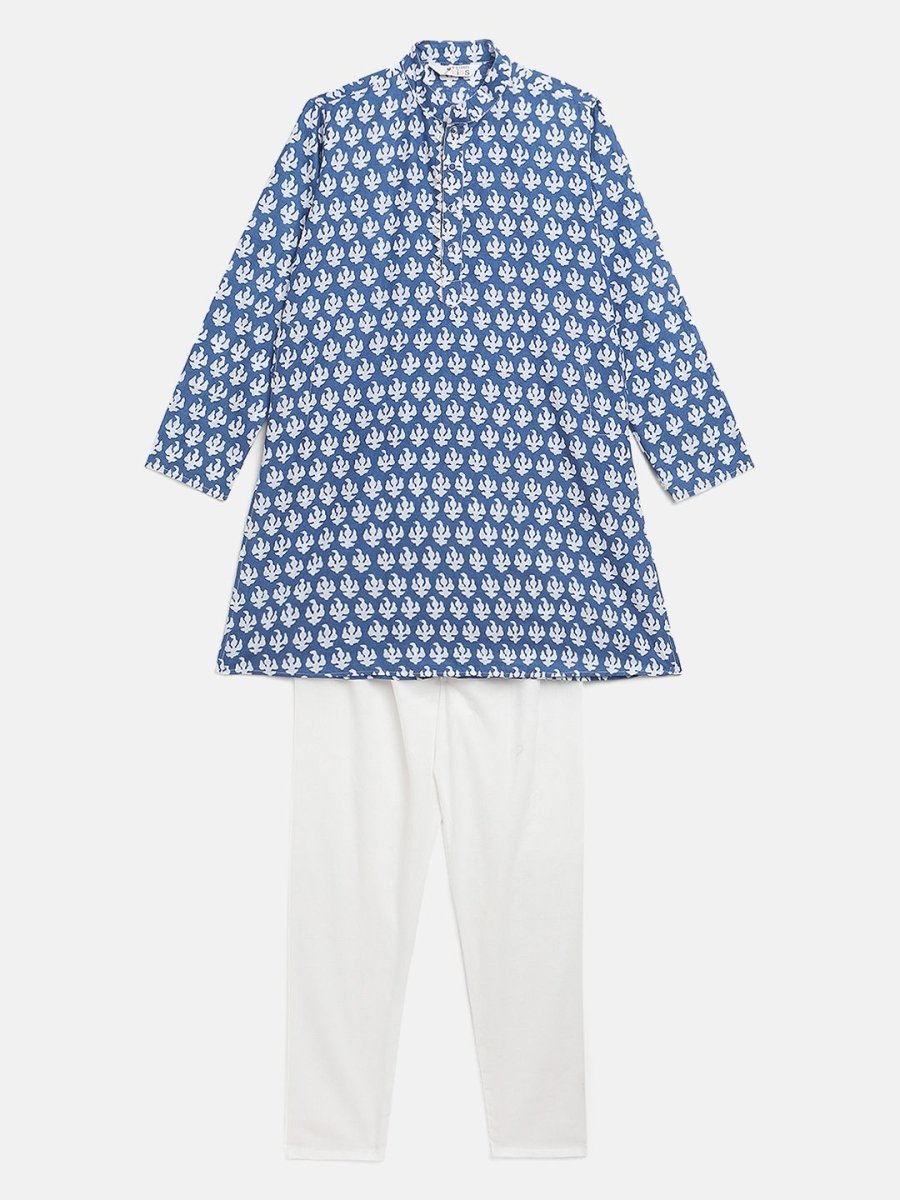 Ahalyaa Boys Blue Pure Cotton Porcian Print Kids Kurta Churidar Set - Distacart
