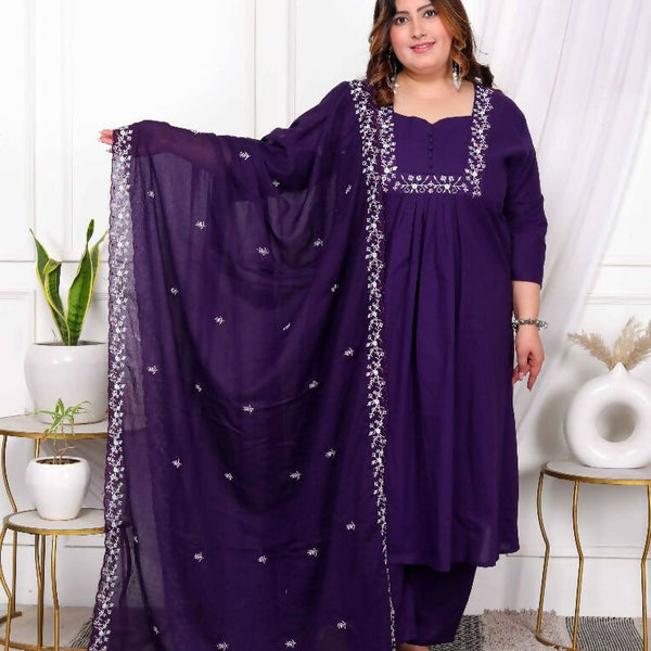 Miravan Womens Plus Size Purple Embroidered Kurta With Palazzo And Dupatta Set - Distacart