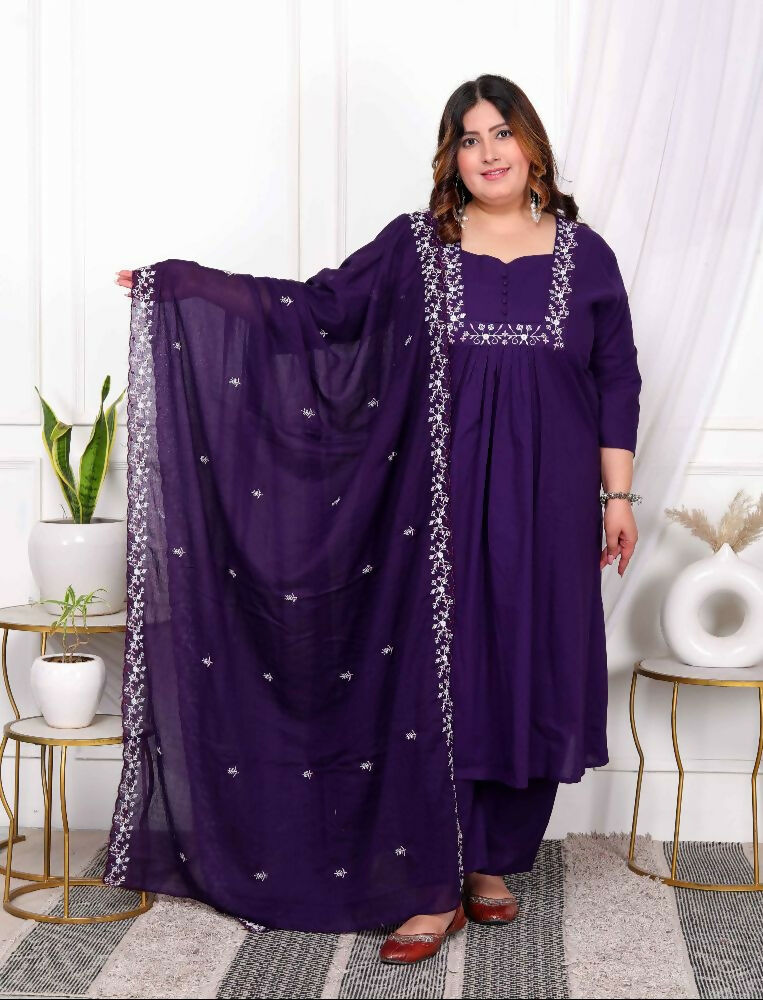 Miravan Womens Plus Size Purple Embroidered Kurta With Palazzo And Dupatta Set
