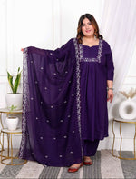 Thumbnail for Miravan Womens Plus Size Purple Embroidered Kurta With Palazzo And Dupatta Set - Distacart