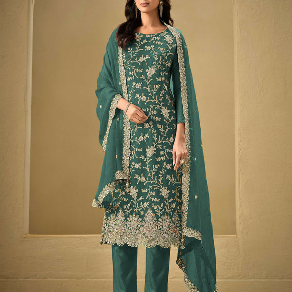 Anaita Teal Green Embroidered Silk Stitched Salwar Suit