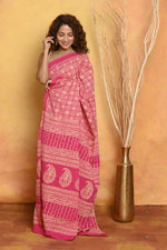 Thumbnail for Very Much Indian Pure Cotton - Natural Dyes Handblock Printed Saree - Pink - Distacart